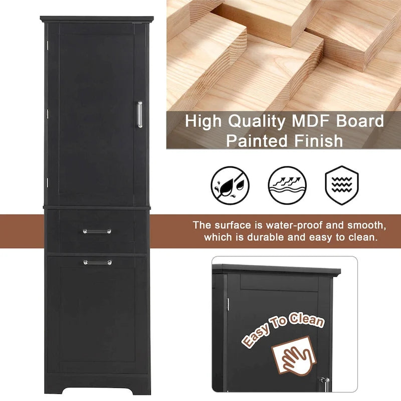 Meuble de rangement haut pour salle de bain, Armoire de rangement autonome avec deux tiroirs de tailles différentes et étagère réglable, Panneau MDF