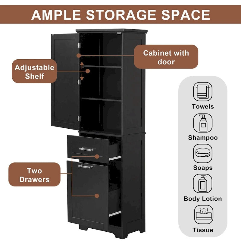 Meuble de rangement haut pour salle de bain, Armoire de rangement autonome avec deux tiroirs de tailles différentes et étagère réglable, Panneau MDF