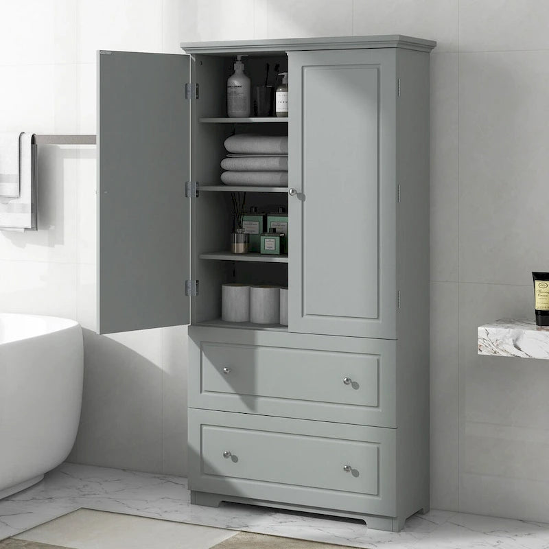 Armoire de Rangement Large pour Salle de Bain Meuble de Rangement Autonome avec Deux Tiroirs et Étagère Réglable en Panneau MDF avec Finition Peinte