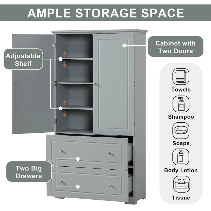 Armoire de Rangement Large pour Salle de Bain Meuble de Rangement Autonome avec Deux Tiroirs et Étagère Réglable en Panneau MDF avec Finition Peinte