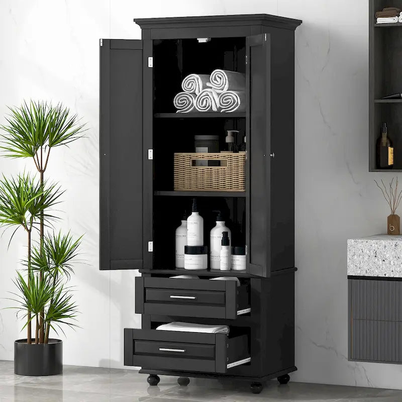 Meuble de rangement haut avec deux tiroirs pour salle de bain/bureau, noir