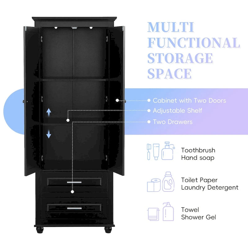 Meuble de rangement haut avec deux tiroirs pour salle de bain/bureau, noir