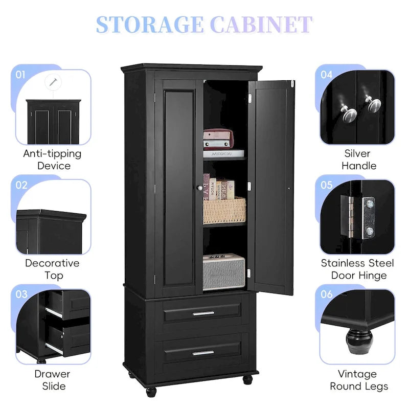 Meuble de rangement haut avec deux tiroirs pour salle de bain/bureau, noir