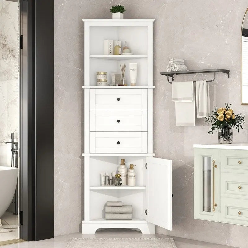Meuble Haut de Salle de Bain d'Angle avec 3 Tiroirs et Étagères Réglables