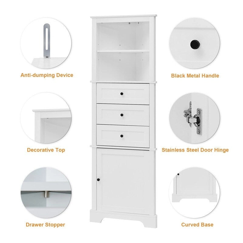 Meuble Haut de Salle de Bain d'Angle avec 3 Tiroirs et Étagères Réglables