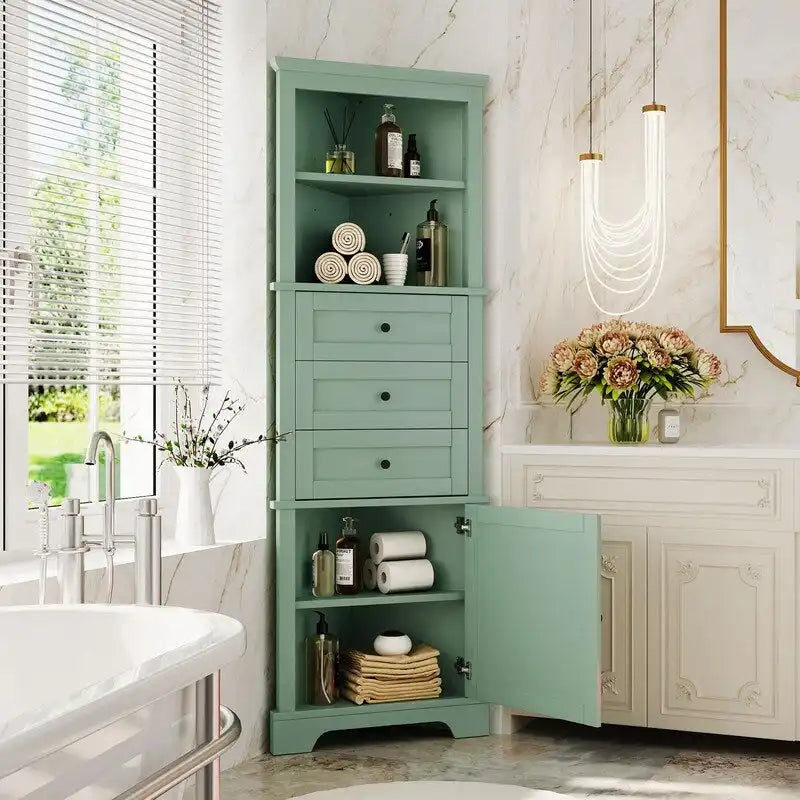 Meuble Haut de Salle de Bain d'Angle avec 3 Tiroirs et Étagères Réglables