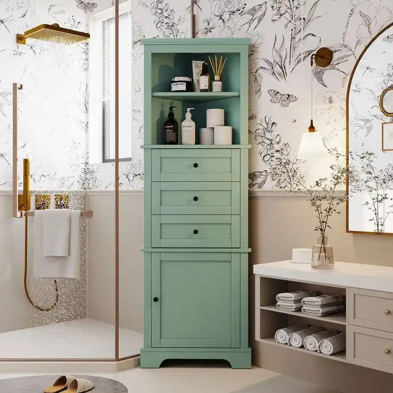 Meuble Haut de Salle de Bain d'Angle avec 3 Tiroirs et Étagères Réglables