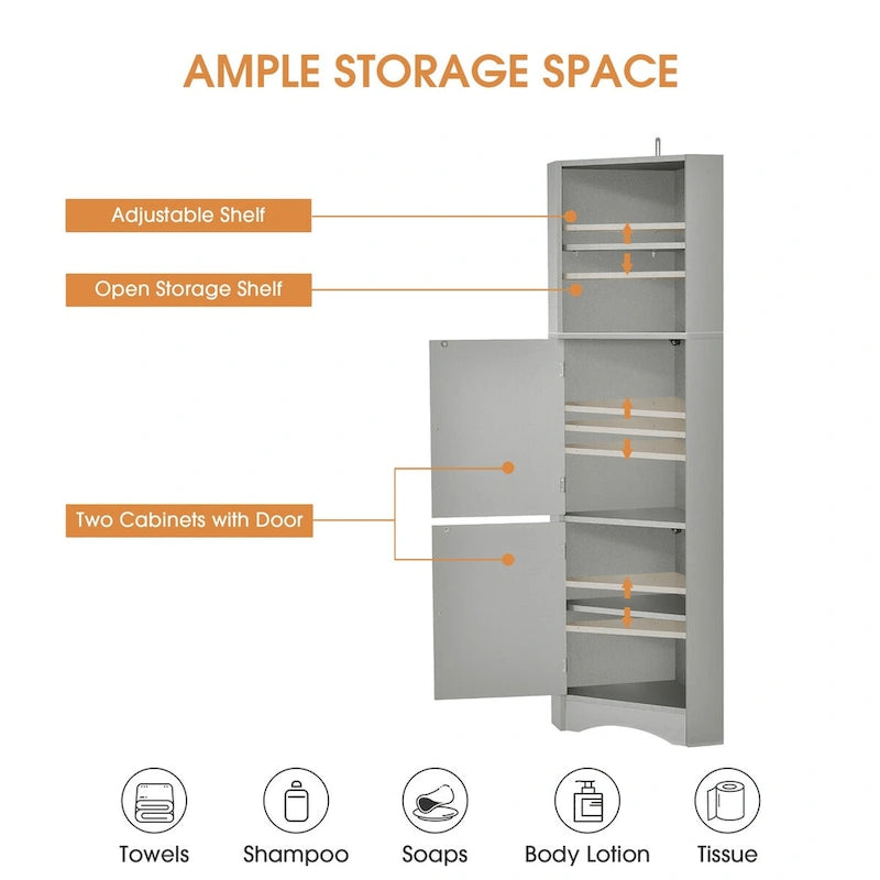 Meuble de salle de bain de 61 H, Organisateur de toilette étroit, Meuble d'angle haut, Meuble de rangement d'angle latéral
