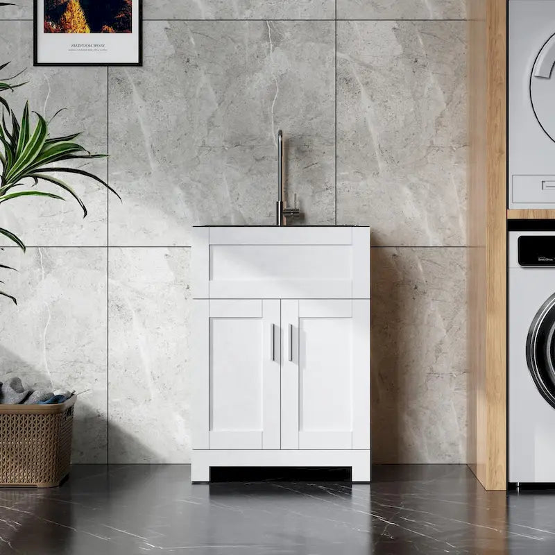 Meuble de rangement de salle de bain avec lavabo brossé argenté