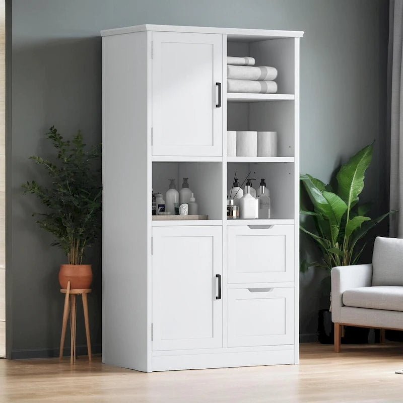 Meuble de rangement de salle de bain avec portes et tiroirs, multiples espaces de rangement, autoportant, étagère ouverte, étagère réglable, blanc