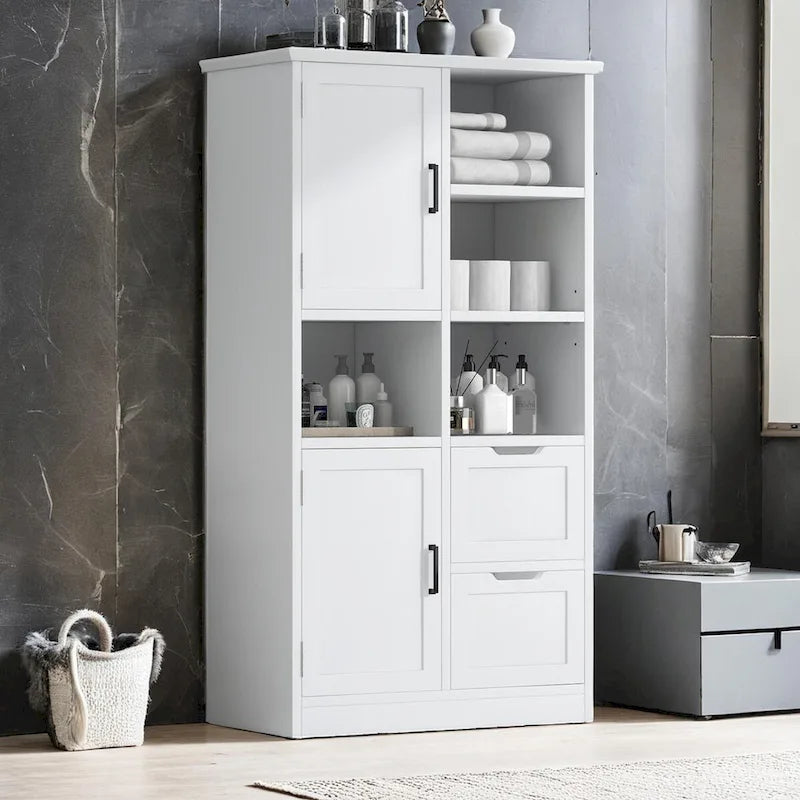 Meuble de rangement de salle de bain avec portes et tiroirs, multiples espaces de rangement, autoportant, étagère ouverte, étagère réglable, blanc