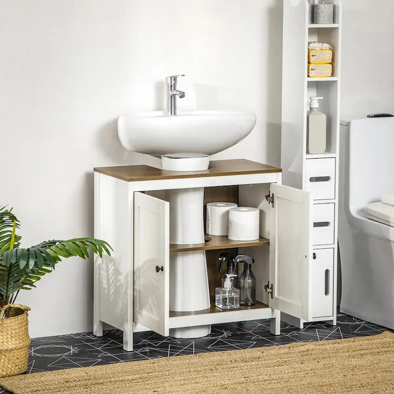 Meuble Sous Vasque Salle de Bain, Meuble Bas sur Pied pour Lavabo, Armoire de Rangement Autoportante avec Étagère Réglable, Doubles Portes