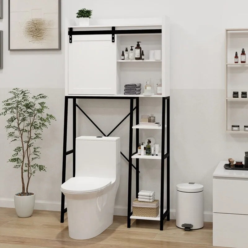 Meuble de rangement au-dessus des toilettes, étagères de salle de bain au-dessus des toilettes avec porte coulissante de style grange