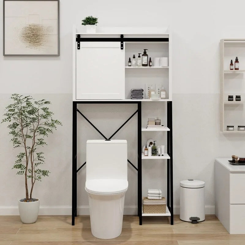 Meuble de rangement au-dessus des toilettes, étagères de salle de bain au-dessus des toilettes avec porte coulissante de style grange
