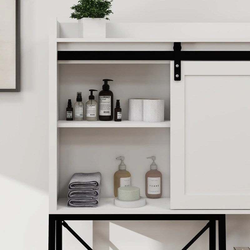 Meuble de rangement au-dessus des toilettes, étagères de salle de bain au-dessus des toilettes avec porte coulissante de style grange