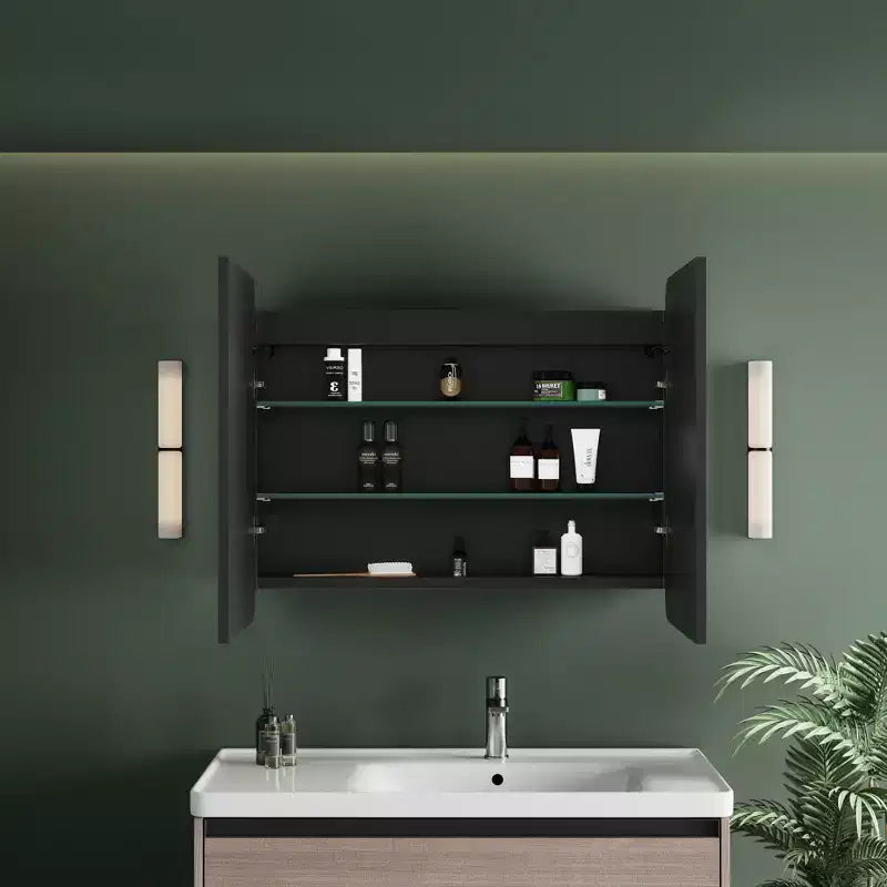 Armoire à pharmacie LED noire / blanche / dorée, porte simple, charnière à gauche ou à droite, encastrée ou murale