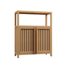 Freestanding Bathroom Linen Cabinet, Natural Bamboo Wood Cabinet with Flat Doors and Open Storage Shelf