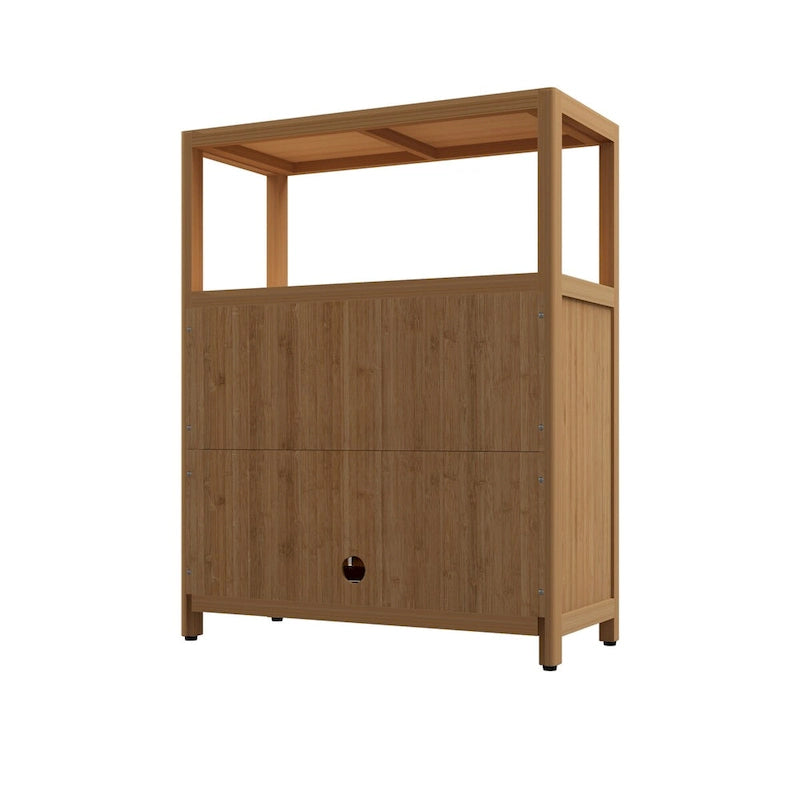 Meuble de rangement de salle de bain sur pied, en bambou naturel avec portes plates et étagère ouverte.