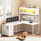 Bureau Gamer en L, Bureau d'Ordinateur avec Panneau Perforé, 5 Tiroirs et Étagère de Rangement
