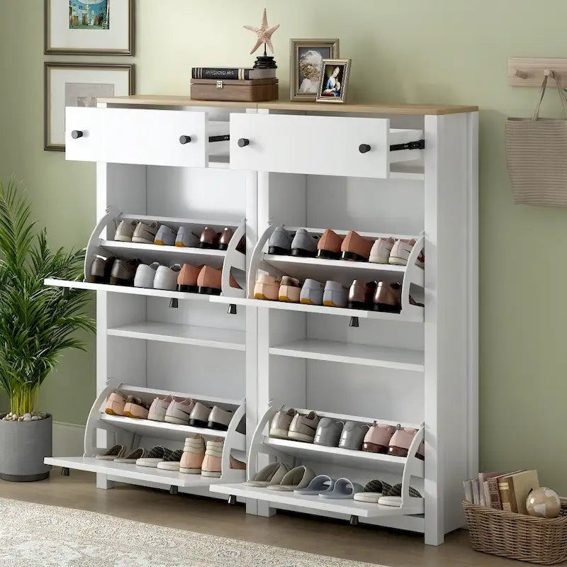 Meuble à chaussures avec plateau aspect bois, tiroirs basculants et panneau réglable