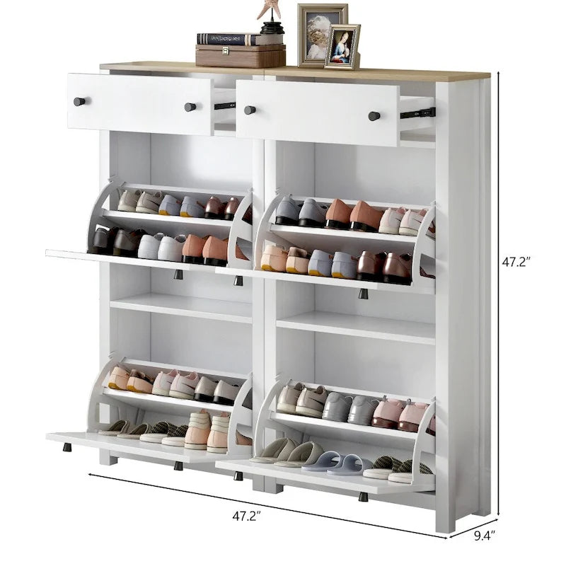 Meuble à chaussures avec plateau aspect bois, tiroirs basculants et panneau réglable