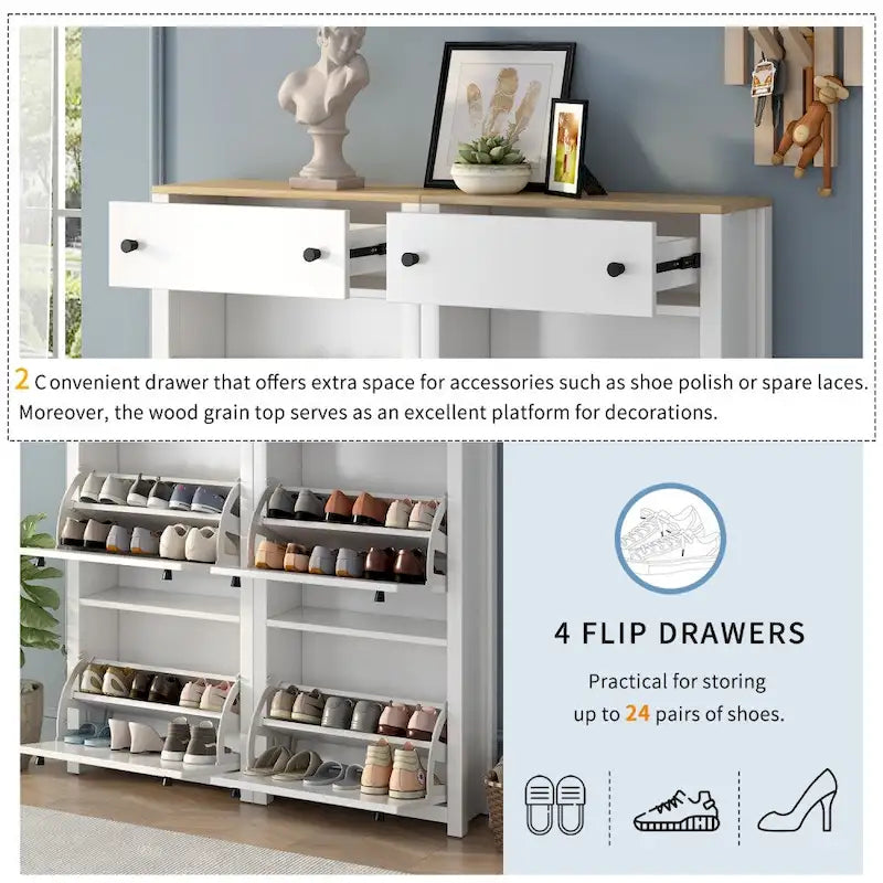 Meuble à chaussures avec plateau aspect bois, tiroirs basculants et panneau réglable
