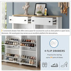 Meuble à chaussures avec plateau aspect bois, tiroirs basculants et panneau réglable