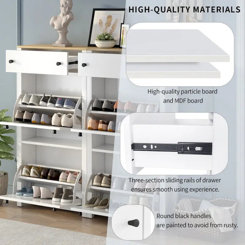 Meuble à chaussures avec plateau aspect bois, tiroirs basculants et panneau réglable