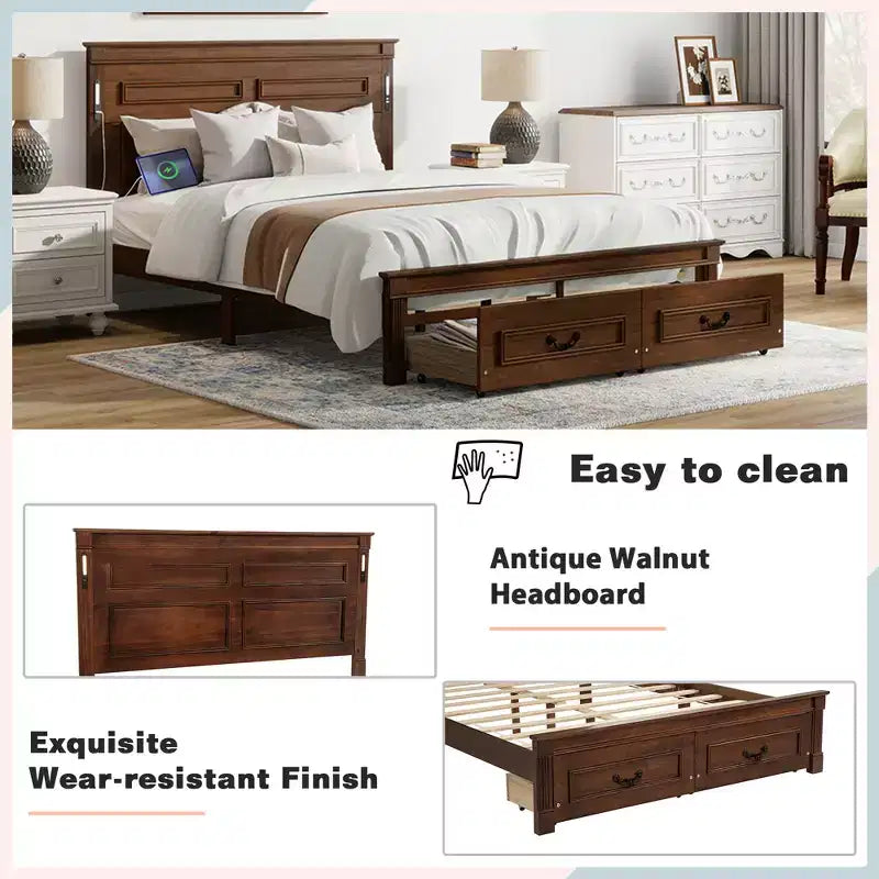 ModernLuxe Lit plateforme Queen/King Size avec tête de lit haute, cadre de lit rustique en bois avec 2 tiroirs, lumières LED et ports USB