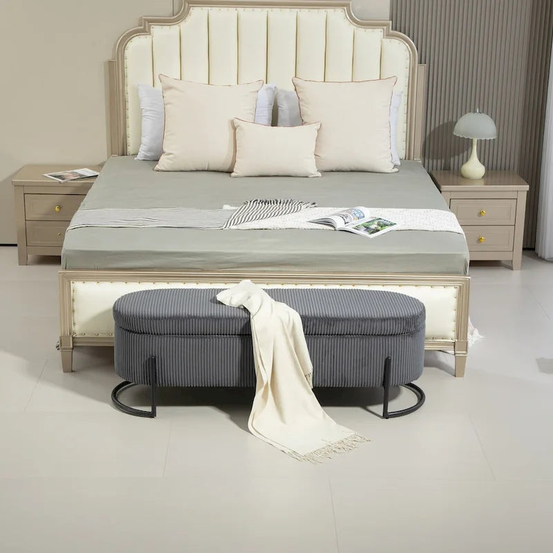 Banc de rangement ottoman, Banc de bout de lit de chambre à coucher, Banc de rangement ottoman en tissu rembourré avec charnière de sécurité, Repose-pieds rembourré d'entrée