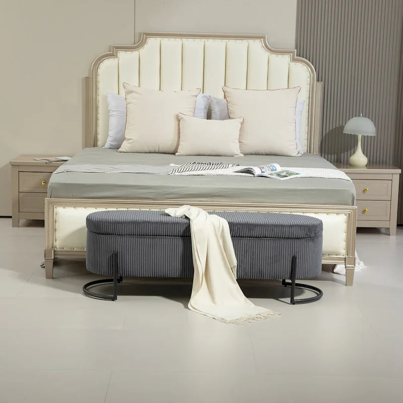 Banc de rangement ottoman, Banc de bout de lit de chambre à coucher, Banc de rangement ottoman en tissu rembourré avec charnière de sécurité, Repose-pieds rembourré d'entrée