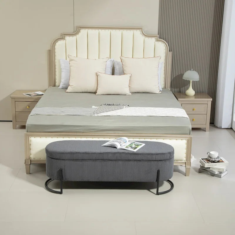 Banc de rangement ottoman, Banc de bout de lit de chambre à coucher, Banc de rangement ottoman en tissu rembourré avec charnière de sécurité, Repose-pieds rembourré d'entrée