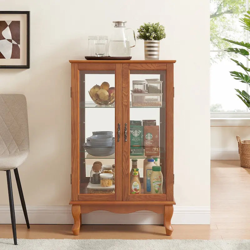 Vitrine 2 portes avec portes en verre trempé, panneau arrière miroir et étagères réglables, ampoule de bureau incluse