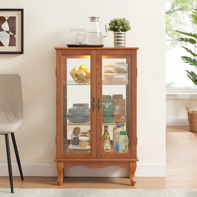 Vitrine 2 portes avec portes en verre trempé, panneau arrière miroir et étagères réglables, ampoule de bureau incluse