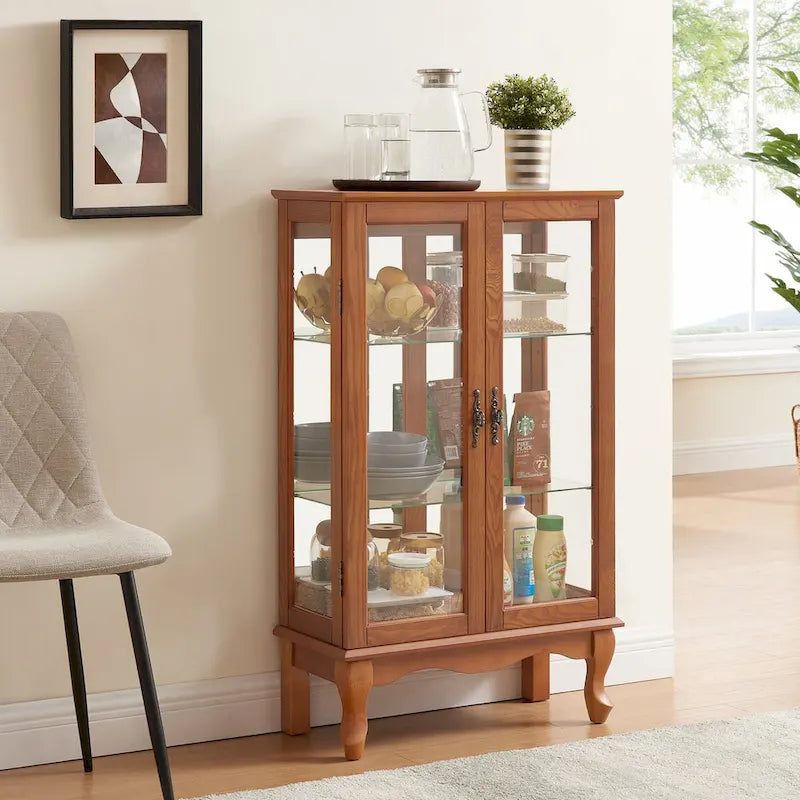 Vitrine 2 portes avec portes en verre trempé, panneau arrière miroir et étagères réglables, ampoule de bureau incluse
