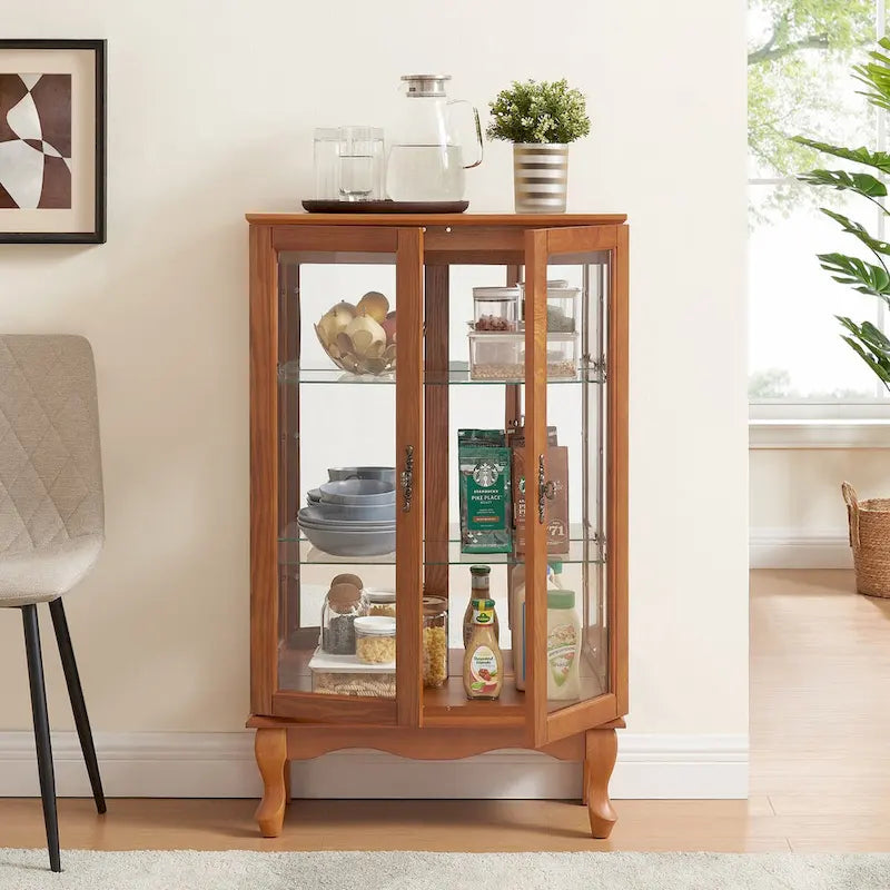 Vitrine 2 portes avec portes en verre trempé, panneau arrière miroir et étagères réglables, ampoule de bureau incluse