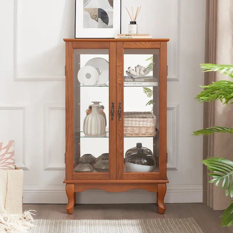Vitrine 2 portes avec portes en verre trempé, panneau arrière miroir et étagères réglables, ampoule de bureau incluse