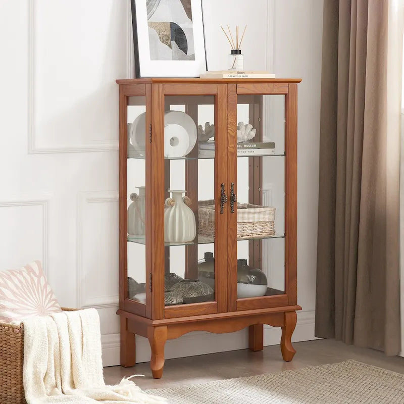Vitrine 2 portes avec portes en verre trempé, panneau arrière miroir et étagères réglables, ampoule de bureau incluse