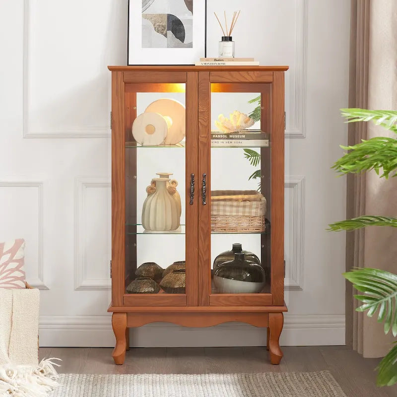 Vitrine 2 portes avec portes en verre trempé, panneau arrière miroir et étagères réglables, ampoule de bureau incluse
