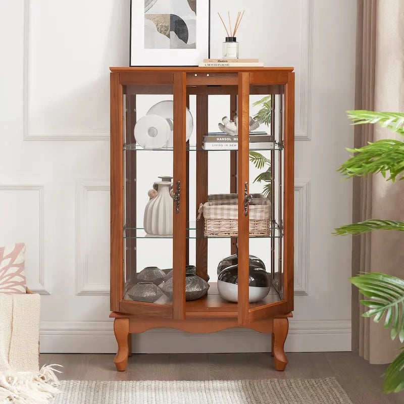 Vitrine 2 portes avec portes en verre trempé, panneau arrière miroir et étagères réglables, ampoule de bureau incluse