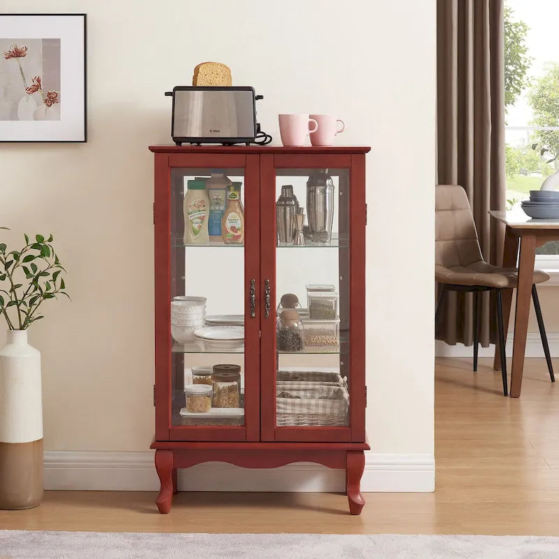 Vitrine 2 portes avec portes en verre trempé, panneau arrière miroir et étagères réglables, ampoule de bureau incluse