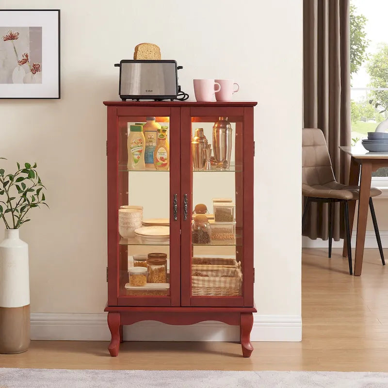 Vitrine 2 portes avec portes en verre trempé, panneau arrière miroir et étagères réglables, ampoule de bureau incluse