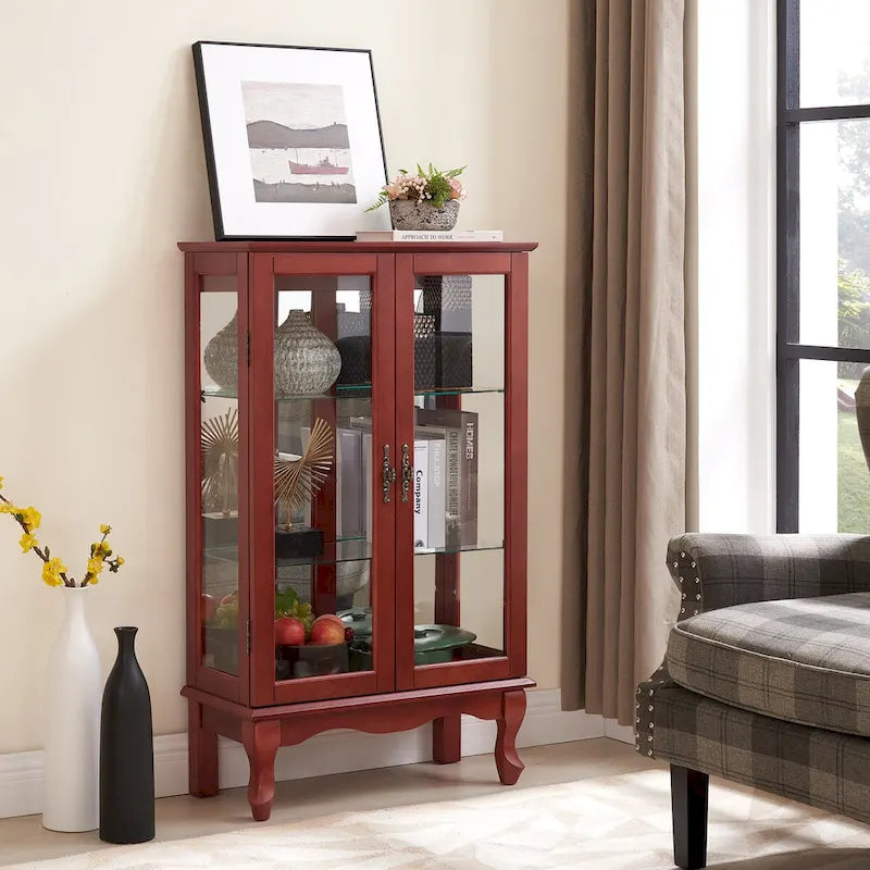 Vitrine 2 portes avec portes en verre trempé, panneau arrière miroir et étagères réglables, ampoule de bureau incluse