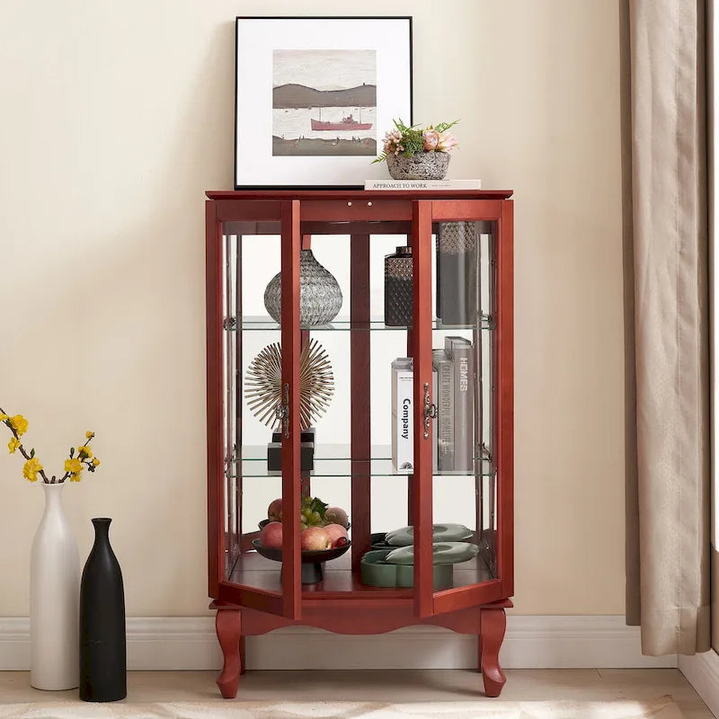 Vitrine 2 portes avec portes en verre trempé, panneau arrière miroir et étagères réglables, ampoule de bureau incluse