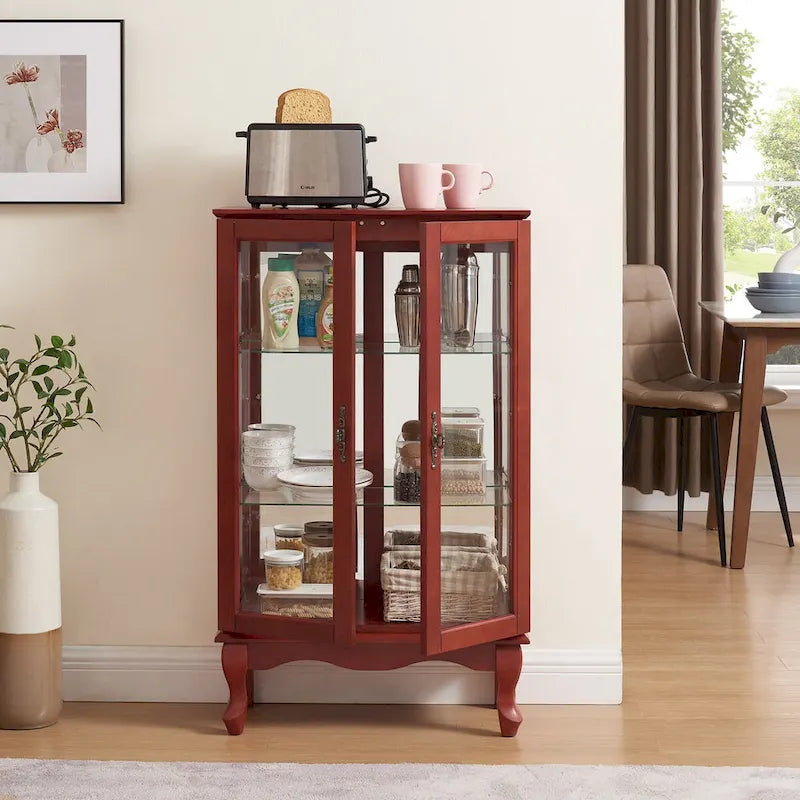 Vitrine 2 portes avec portes en verre trempé, panneau arrière miroir et étagères réglables, ampoule de bureau incluse