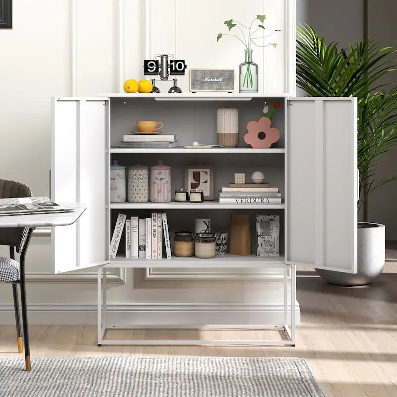 Buffet métallique robuste, armoire de rangement moderne en acier avec 2 étagères, autoportante