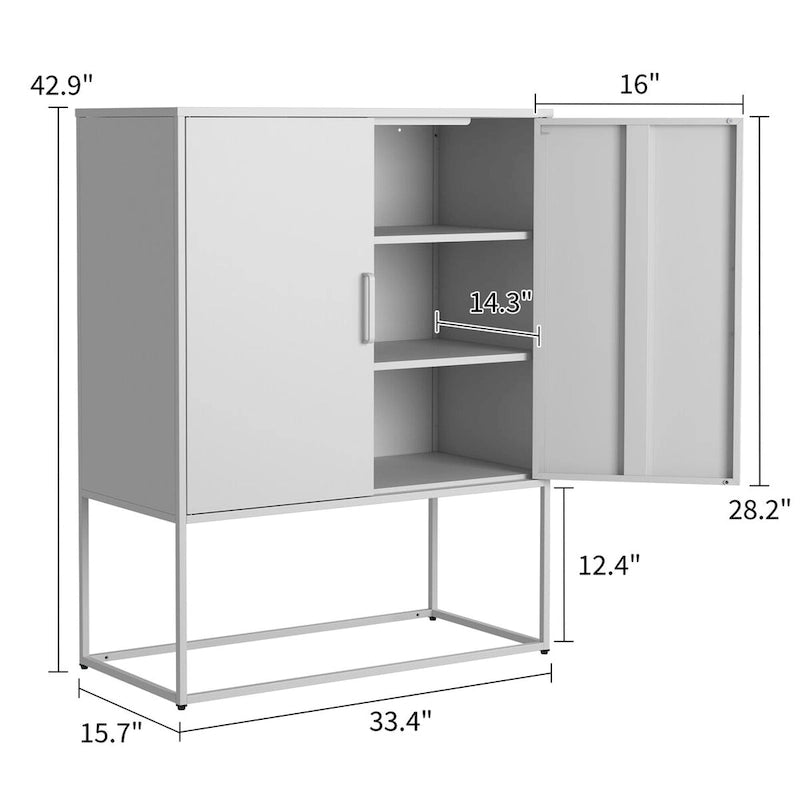 Buffet métallique robuste, armoire de rangement moderne en acier avec 2 étagères, autoportante