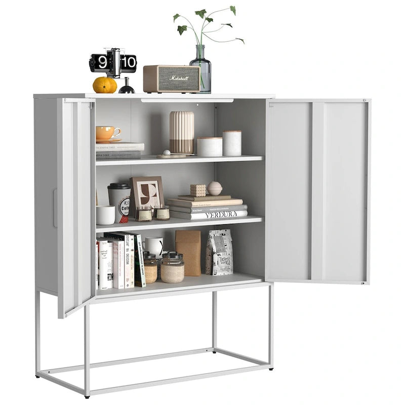 Buffet métallique robuste, armoire de rangement moderne en acier avec 2 étagères, autoportante