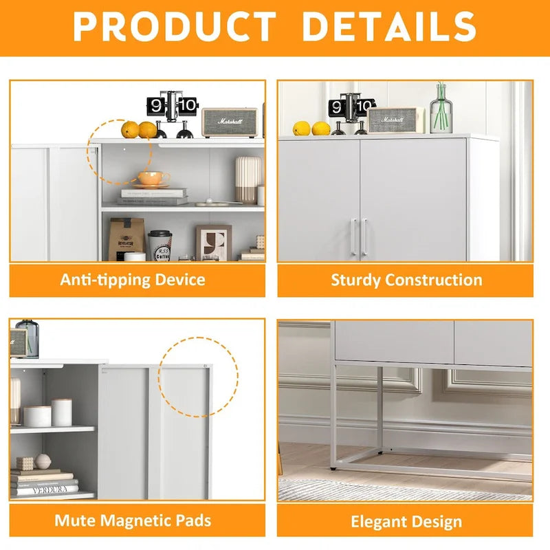 Buffet métallique robuste, armoire de rangement moderne en acier avec 2 étagères, autoportante