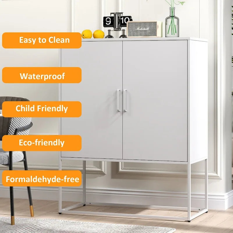Buffet métallique robuste, armoire de rangement moderne en acier avec 2 étagères, autoportante